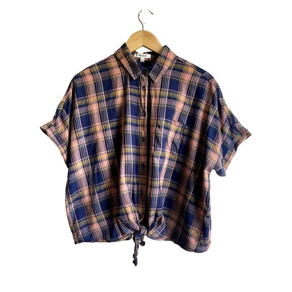 Madewell Button Down Short Sleeve Plaid Tie Hem Shirt Western Top Women Sz Mediu - Picture 2 of 9